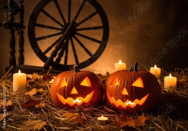 Fototapeta Two carved halloween pumpkins with glowing faces sit on hay next to lit candles, with an old spinning wheel in the background, creating a spooky atmosphere
