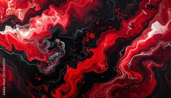 Fototapeta Bold Red and Black Fluid Ink Marbling Wallpaper with Dramatic Swirls and High-Contrast Abstract Gradients