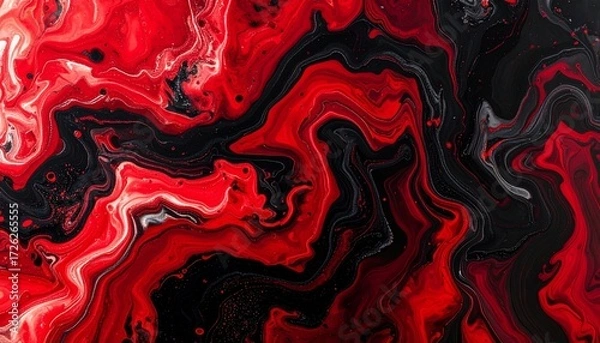 Fototapeta Bold Red and Black Fluid Ink Marbling Wallpaper with Dramatic Swirls and High-Contrast Abstract Gradients