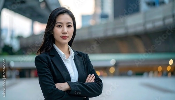 Fototapeta Confident businesswoman stands in an urban setting, showcasing a powerful and professional demeanor.