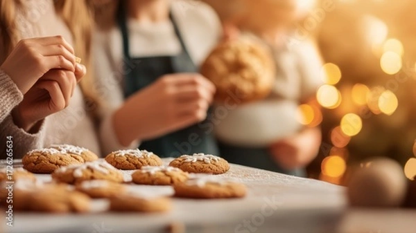 Fototapeta Joyful hands decorating delicious homemade cookies with frosting during festive holiday baking in warm cozy kitchen setting creating sweet family memories