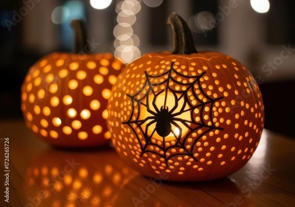 Fototapeta Two carved halloween pumpkins with glowing lights inside, one featuring a spiderweb and spider design, set on a wooden table with a blurred background of bokeh lights