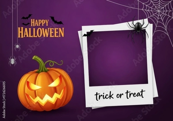 Fototapeta Happy halloween greeting with a carved pumpkin, spooky spiders, bats, and a blank photo frame for text or images on a purple background