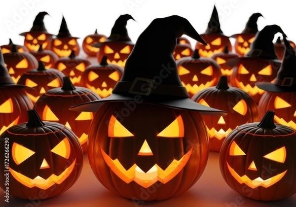 Fototapeta A group of carved halloween pumpkins with glowing lights inside, some wearing witch hats, creating a spooky and festive atmosphere
