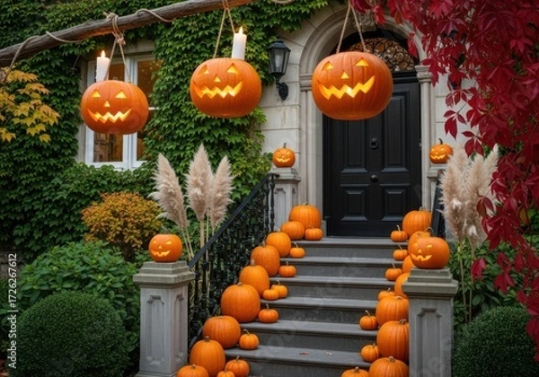Fototapeta Festive halloween pumpkins and candles illuminate a grand staircase leading to a dark, imposing doorway, creating a spooky and inviting atmosphere for trickortreaters