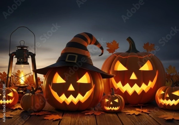 Fototapeta Spooky halloween pumpkins with carved faces and a witch hat, illuminated by a lantern, set against a dark, moody background with fallen leaves on a wooden surface