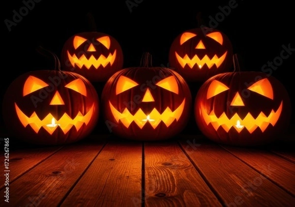 Fototapeta Five glowing jackolanterns with carved faces sit on a wooden surface in the dark, creating a spooky halloween atmosphere