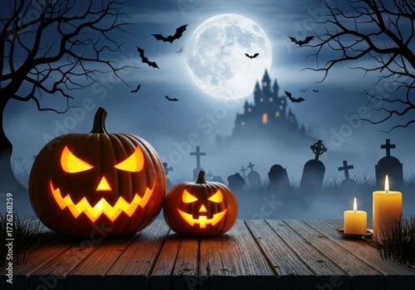 Fototapeta Spooky halloween night with carved pumpkins, bats flying, and a haunted castle under a full moon, creating a terrifying atmosphere on a wooden table