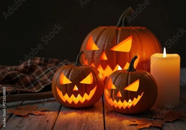 Fototapeta Three carved halloween pumpkins with glowing faces and a lit candle on a wooden table with fallen leaves, creating a spooky atmosphere