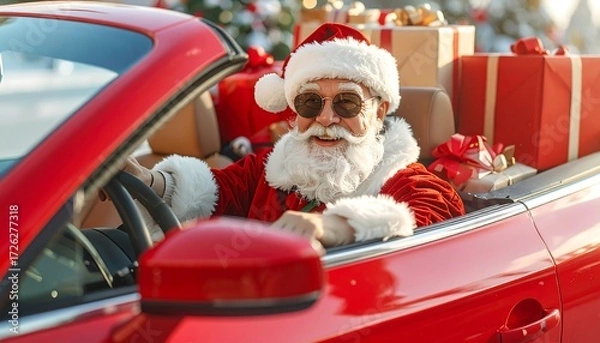 Obraz Santa drives a red convertible