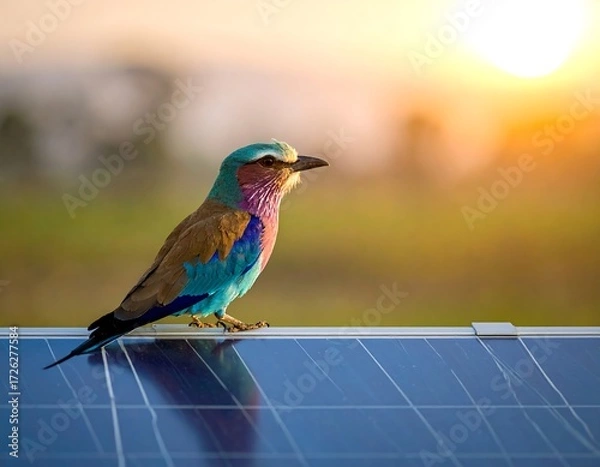 Fototapeta A vibrant bird perched on solar panels at sunset