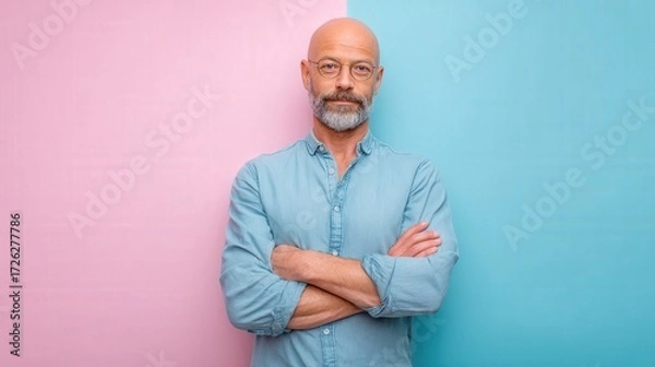 Fototapeta Confident Middle-Aged Man with Glasses Against a Colorful Background