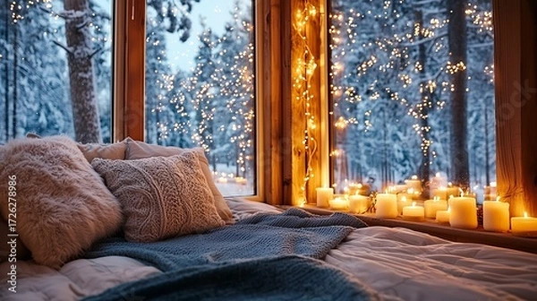 Obraz A cozy bedroom scene with soft blankets, pillows, and candles, framed by snowy trees outside a large window illuminated by fairy lights.