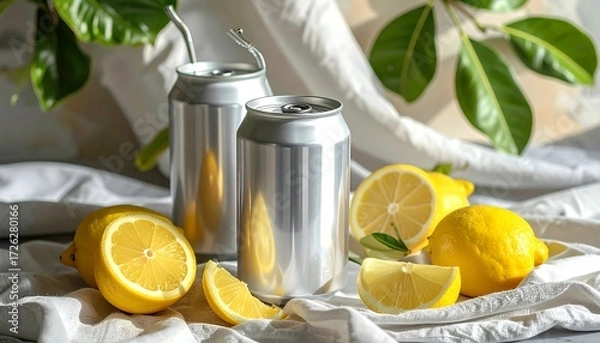 Fototapeta Refreshing lemonade cans