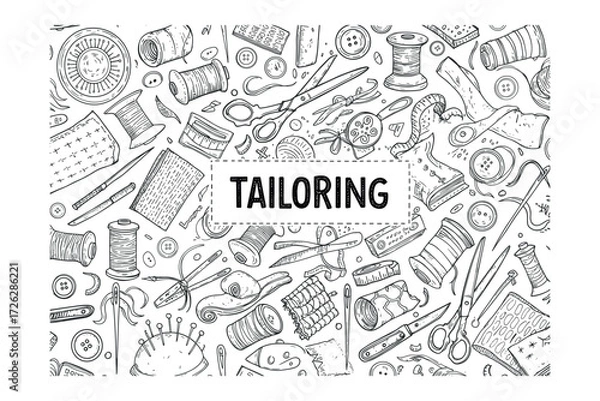 Obraz Crafting tailoring essentials artist creative space overhead view sewing techniques. Vector illustration
