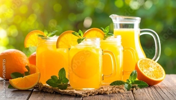 Fototapeta Refreshing orange juice in mason jars