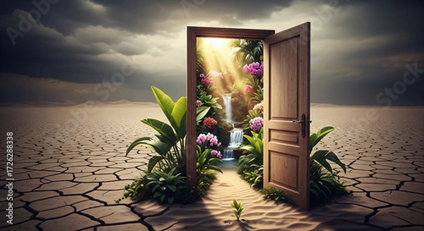 Obraz Open Door Reveals Lush Paradise in Cracked Desert Landscape