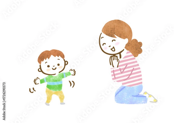 Obraz 初めて歩いた子供を見て喜ぶ母親の手描きイラスト