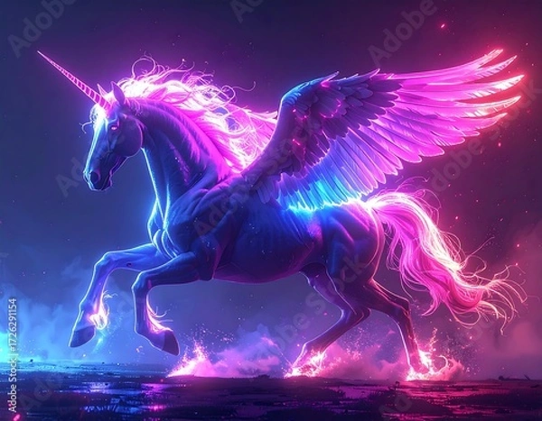 Fototapeta A winged unicorn in neon light