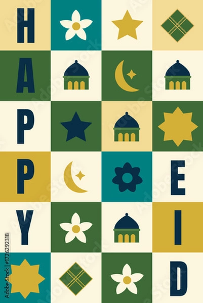 Fototapeta Islamic Geometric Grid Background. Festive Geometric Happy Eid Greeting with Islamic Symbols and Letters. 