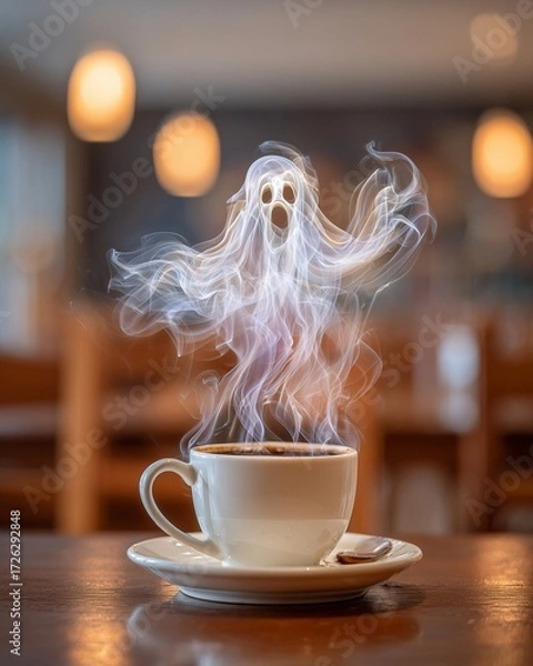 Fototapeta Ghostly coffee concept with smoke ghost emerging from coffee cup, surreal smoke ghost coffee art, ghostly smoke rising from coffee in a cafe concept