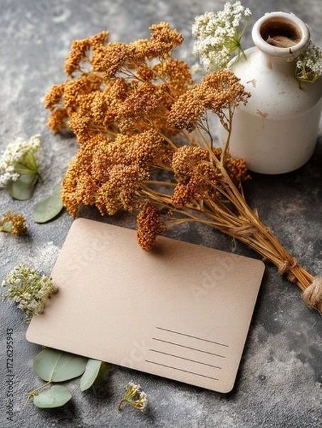 Fototapeta Aesthetic autumn postcard with blank postcard mockup with pastel autumn background , minimalist postcard mockup with dashed address lines in pastel autumn postcard mockup perfect for mailing 
