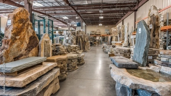 Fototapeta Large indoor warehouse displaying various types of natural stone slabs, stacked rocks, and stone products for construction or landscaping