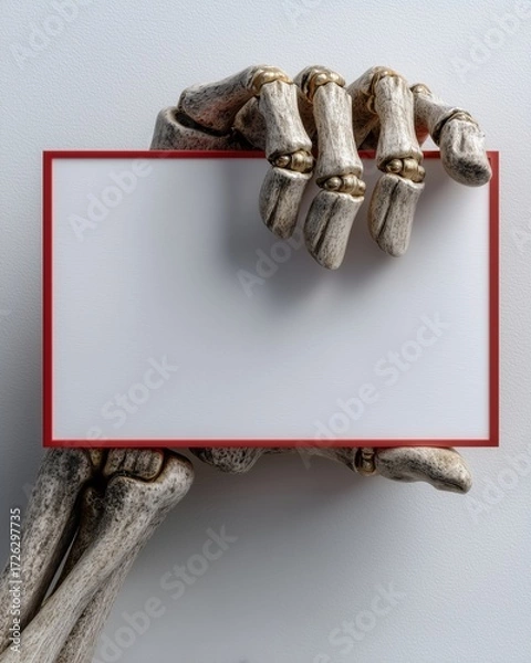 Fototapeta Bone invitation mockup with skeleton hand holding blank card on table with thin red border, blank card mockup with skeleton hand for die cutting, isolated skeleton hand blank card on white background