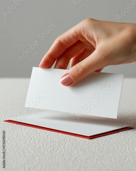 Fototapeta Hand invitation mockup with skeleton hand holding blank card on table with thin red border, blank card mockup with  hand for die cutting, isolated  hand blank card on white background