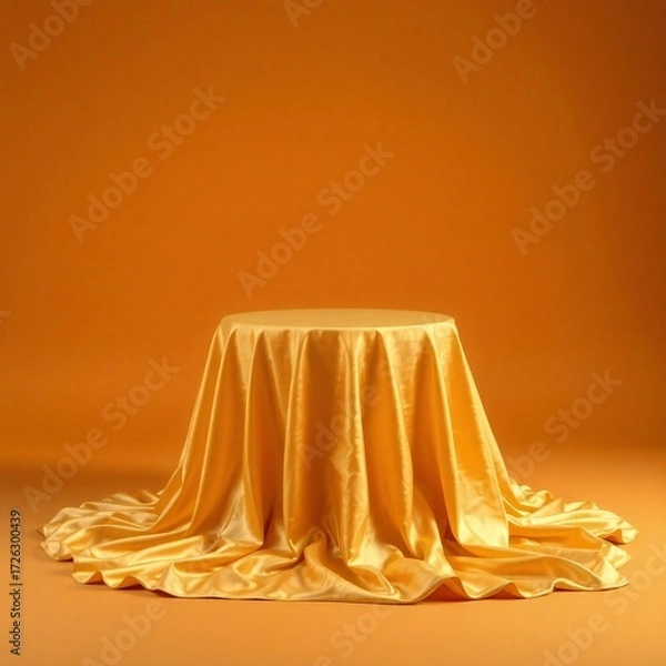 Obraz Elegant golden draped fabric covering a round pedestal against a warm orange background