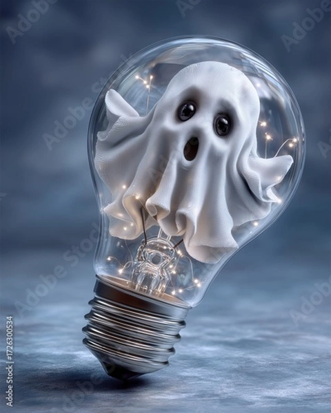 Fototapeta Minimal modern ghost with Halloween ghost lightbulb minimalist ghost lightbulb spooky floating ghost lightbulb clean isolated design