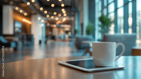 Obraz A laptop, tablet, and coffee mug with a team meeting of professionals brainstorming ideas