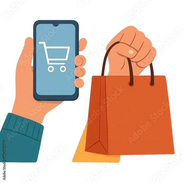 Fototapeta Online shopping concept with hand holding smartphone showing shopping cart icon and another hand holding shopping bag black friday clipart png