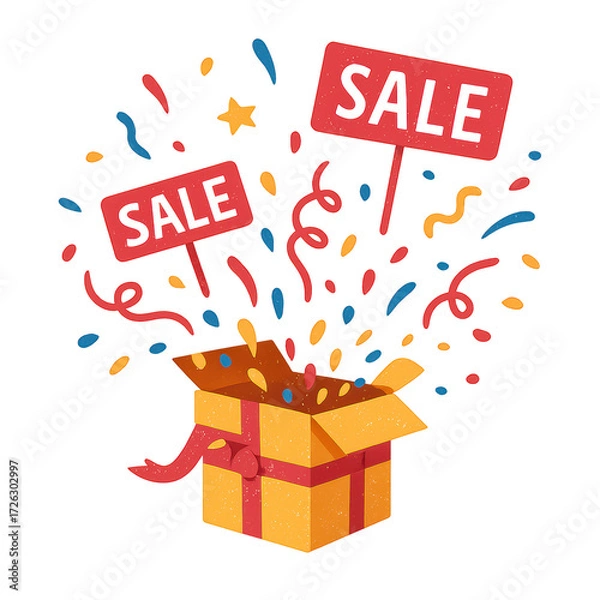 Fototapeta Black friday sale clipart png transparent gift box with confetti and sale signs bursting out in colorful celebration