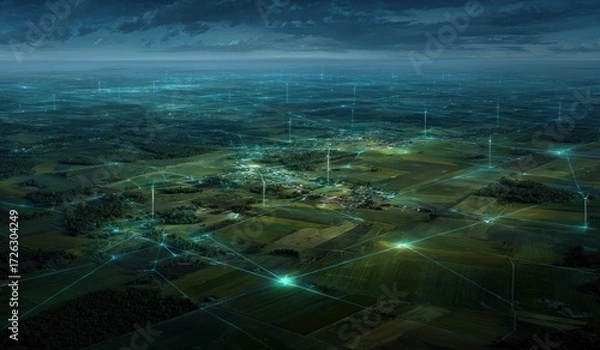 Fototapeta An aerial view of a rural landscape, showcasing a network of interconnected energy infrastructure at night.