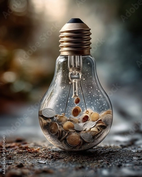 Fototapeta Investment money visual with light bulb emerging from coins in double exposure style surreal light bulb emerging from coins for success idea, artistic light bulb emerging from coins with radiant glow