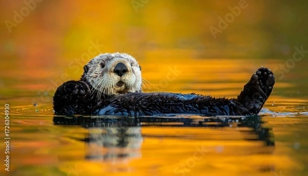Fototapeta Relaxed otter floats on golden water