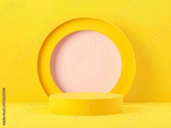 Obraz Minimalist yellow podium with circular frame and pink background