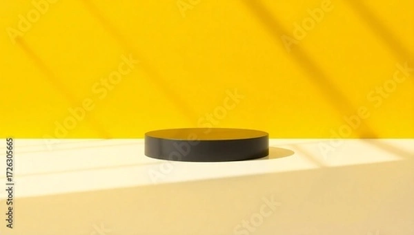 Obraz Minimalist dark cylinder podium with yellow background and shadow overlay