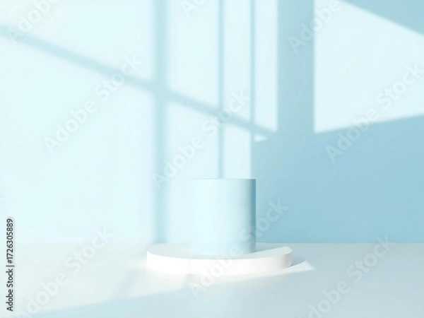 Obraz Minimalist light blue studio with geometric shadows and podium