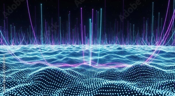 Obraz Abstract futuristic landscape with glowing dots and lines, representing data streams and network