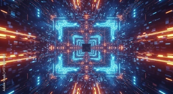 Obraz Abstract futuristic technology background with glowing neon lights and geometric shapes