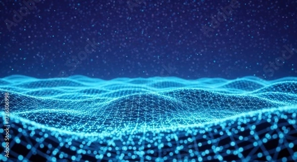 Obraz Abstract glowing digital landscape with interconnected dots and lines in blue tones