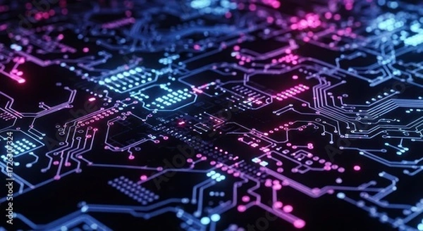 Obraz Abstract representation of a circuit board with glowing blue and pink connections symbolizing