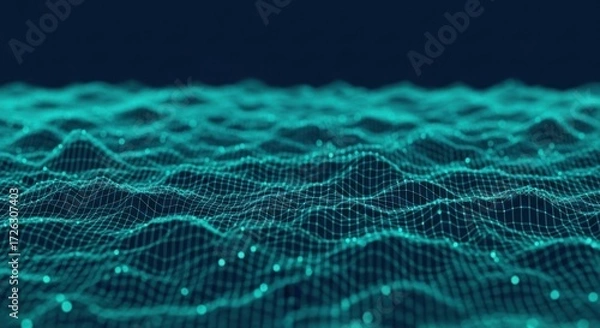 Obraz Abstract technological mesh background with glowing dots creating dynamic waves illustration