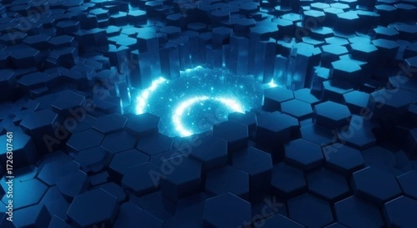 Obraz Abstract technology background with glowing portal surrounded by hexagonal structures
