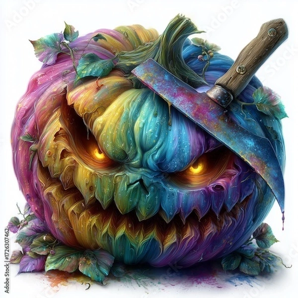 Fototapeta Vivid horror gourd with rainbow striped Jack-o'-lantern with embedded cleaver, terrifying Jack-o'-lantern with glowing eyes and sinister grin, photorealistic Jack-o'-lantern on white background 