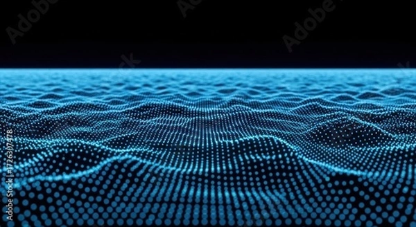Obraz Abstract Technology Background with Wavy Blue Particle Surface and Black Background