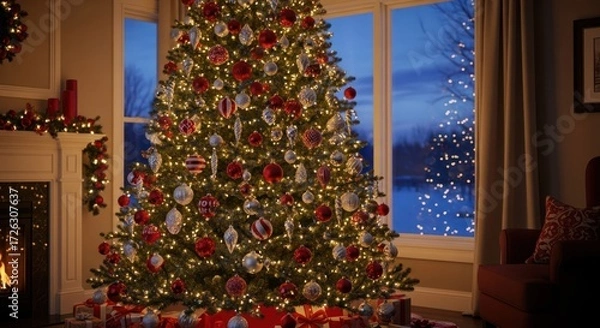 Obraz Beautifully decorated Christmas tree illuminating a cozy living room at dusk creating a festive
