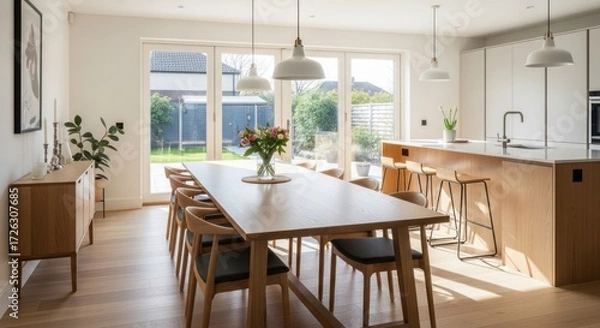 Obraz Bright and spacious kitchen and dining area with modern design and natural light shining through